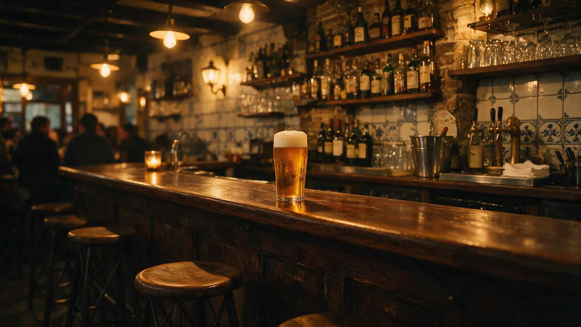 Interior de la tasca Nápoles al atardecer: barra de madera, azulejos azul marino, ladrillo visto al fondo y una caña de Estrella Galicia recién tirada con espuma sobre la barra, bajo luz cálida de tungsteno.