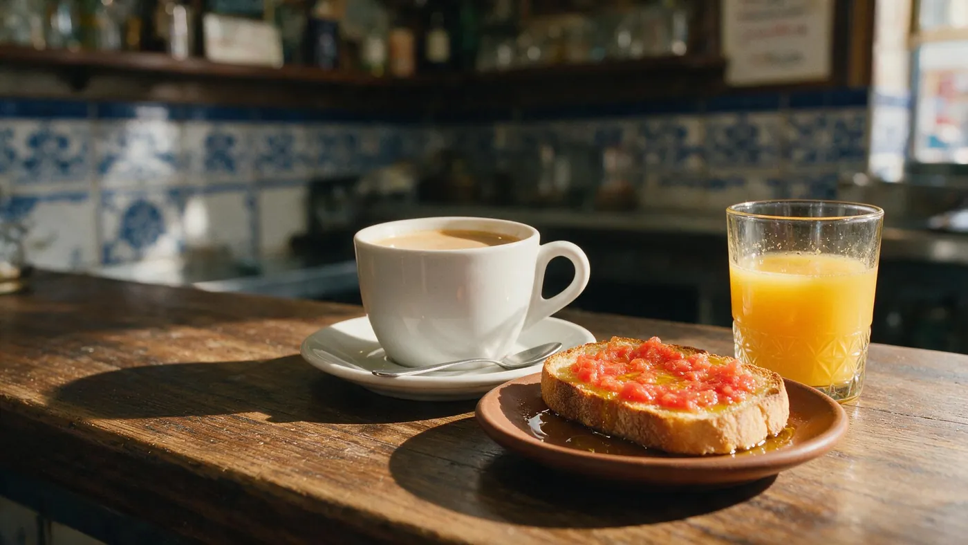 Desayuno de barrio en Nápoles: café con leche, tostada con tomate y aceite y zumo de naranja natural, con la luz clara de la mañana.