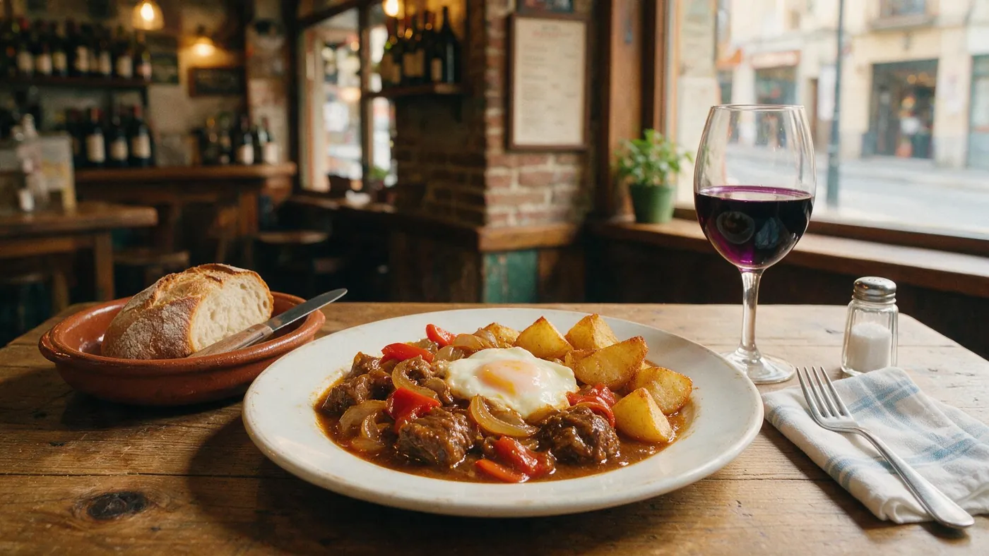 Plato de menú del día casero en Nápoles: un guiso sencillo con pan y una copa de vino tinto sobre la mesa de la tasca.
