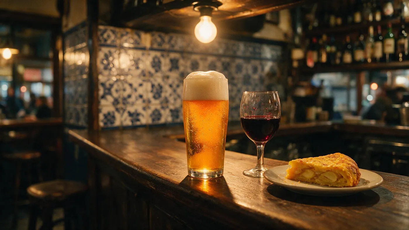 Tarde-noche en la barra de Nápoles: una caña de Estrella Galicia dorada, una copa de vino tinto y una tapa de tortilla de patatas, con azulejos azul marino al fondo bajo luz de tungsteno.